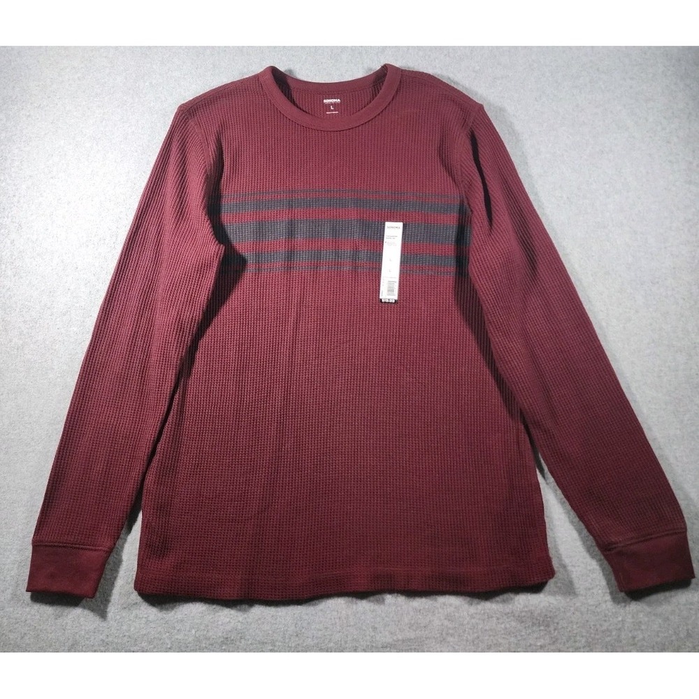 NWT Sonoma Men's Waffle Tee, Size L, Red Stripe, Long Sleeve Shirt